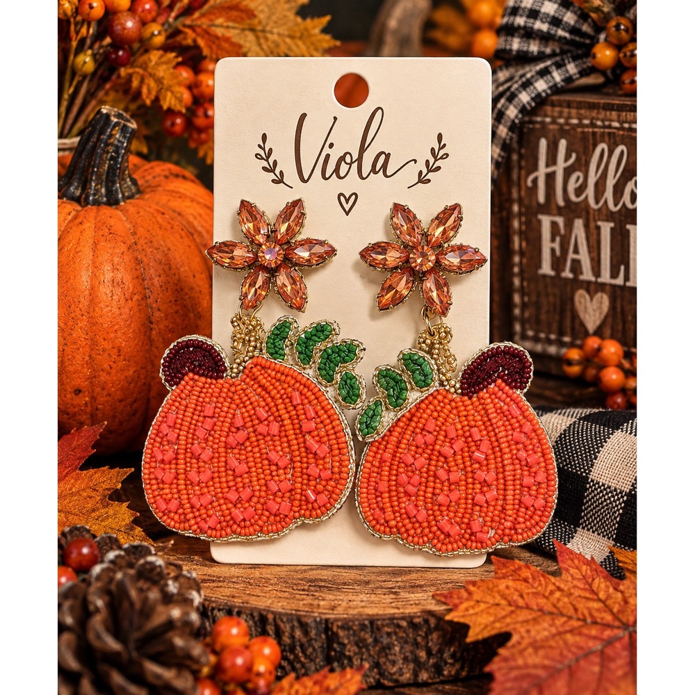 Pumpkin Seed Bead Earrings Rhinestone Flower Fall Statement Earrings